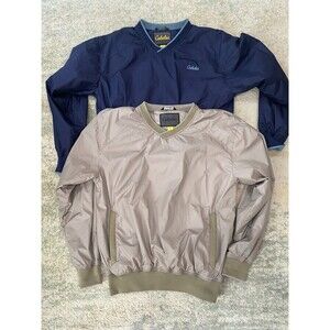 SET (2) Cabelas V-neck Pullover Men's Medium Blue Tan Windbreaker Golf Outdoor